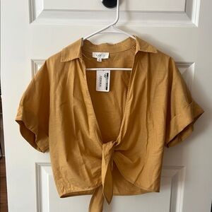 Lush Tan Cuffed Sleeve Crop Button Down